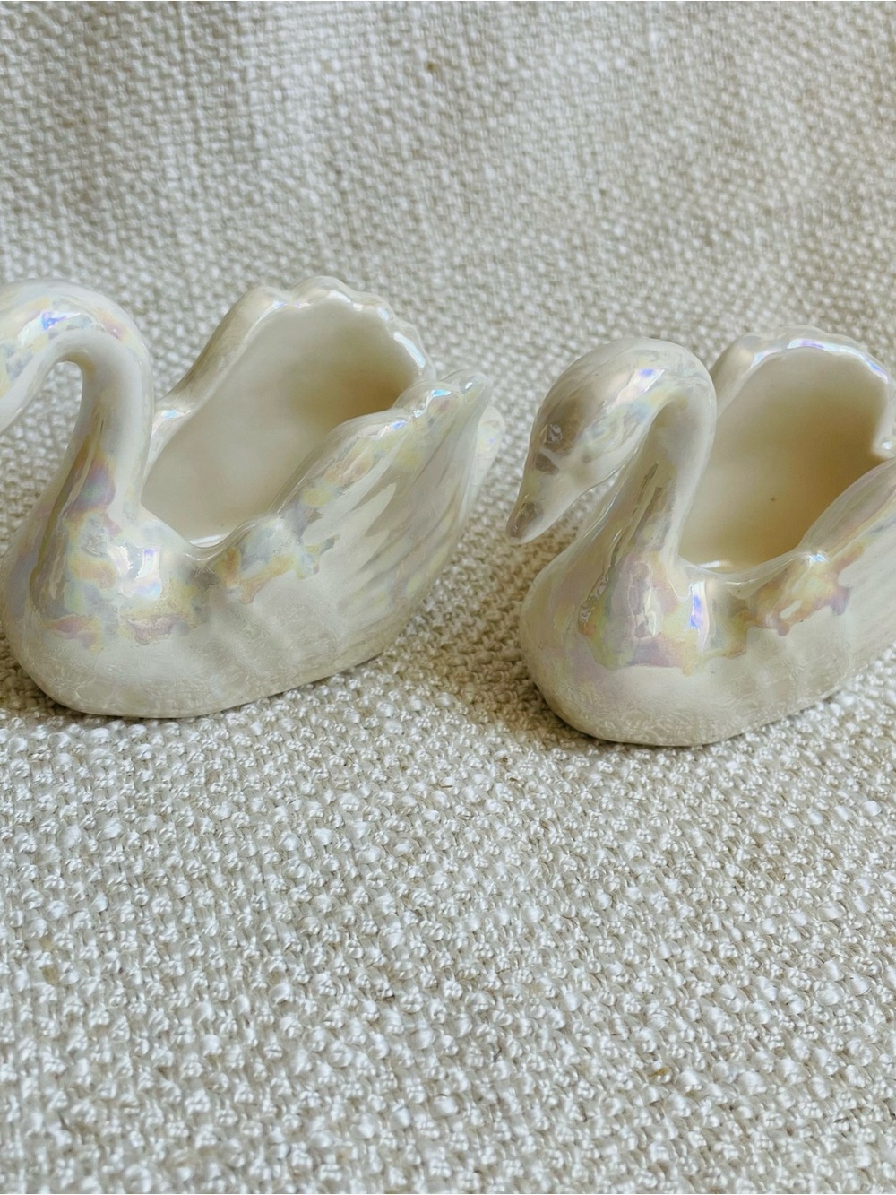 (2) Vintage Cream Ceramic Swan Decorative  Trinket Jewelry Catch-All Small Bowl